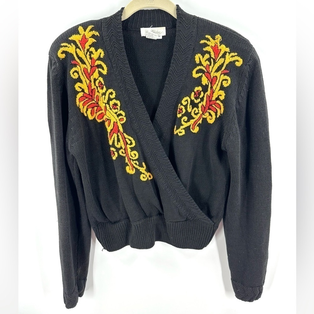 Vintage Embroidered Sweater Womens Medium 80s Old Money Wrap Floral Statement